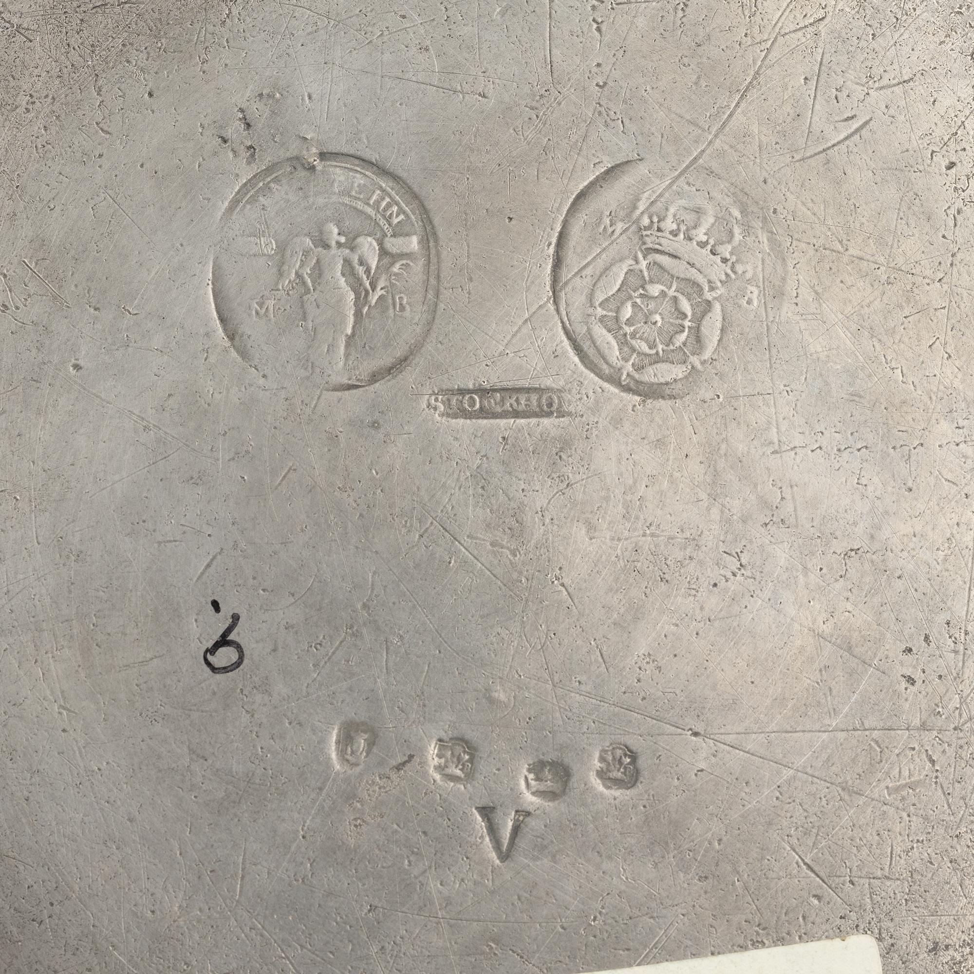 Six pewter plates, Sweden, including Melchior Beck, Stockholm, 1737, and six pewter plates, London, 18/19th century.