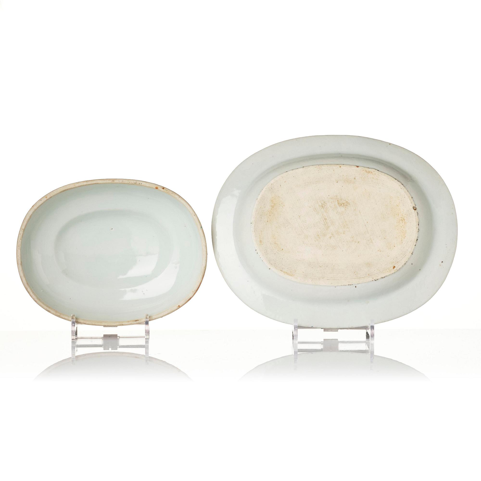 An oval vegetable tureen with cover and a pillow shaped bowl, Qing dynasty, late 18th century.