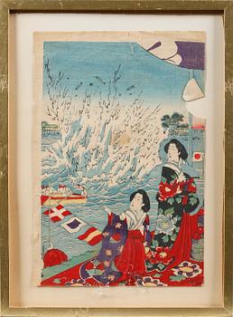 Five Japanese woodblock prints, including Chikanobu, 19 / early 20th century.