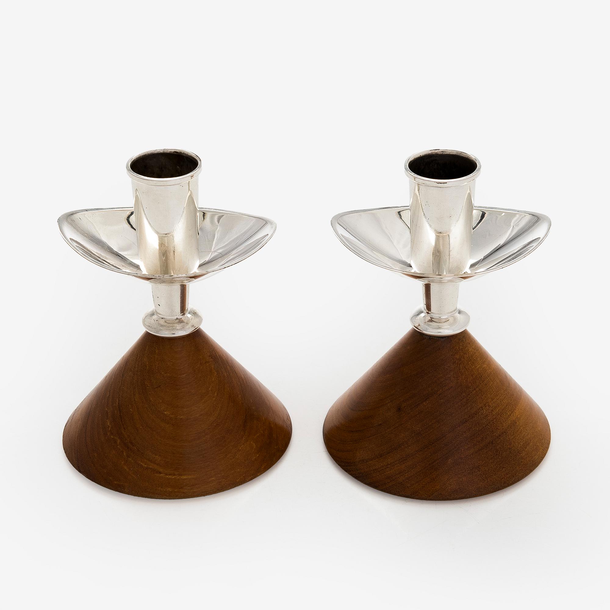 Anna-Greta Eker, a pair of silver and mahogny candlesticks, Auran Kultaseppä, Turku 1965.