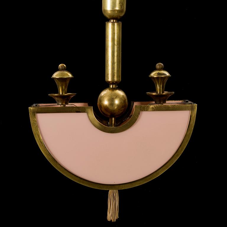 AN ITALIAN ART DECO GLASS AND BRASS PENDANT, 1920s-30s.