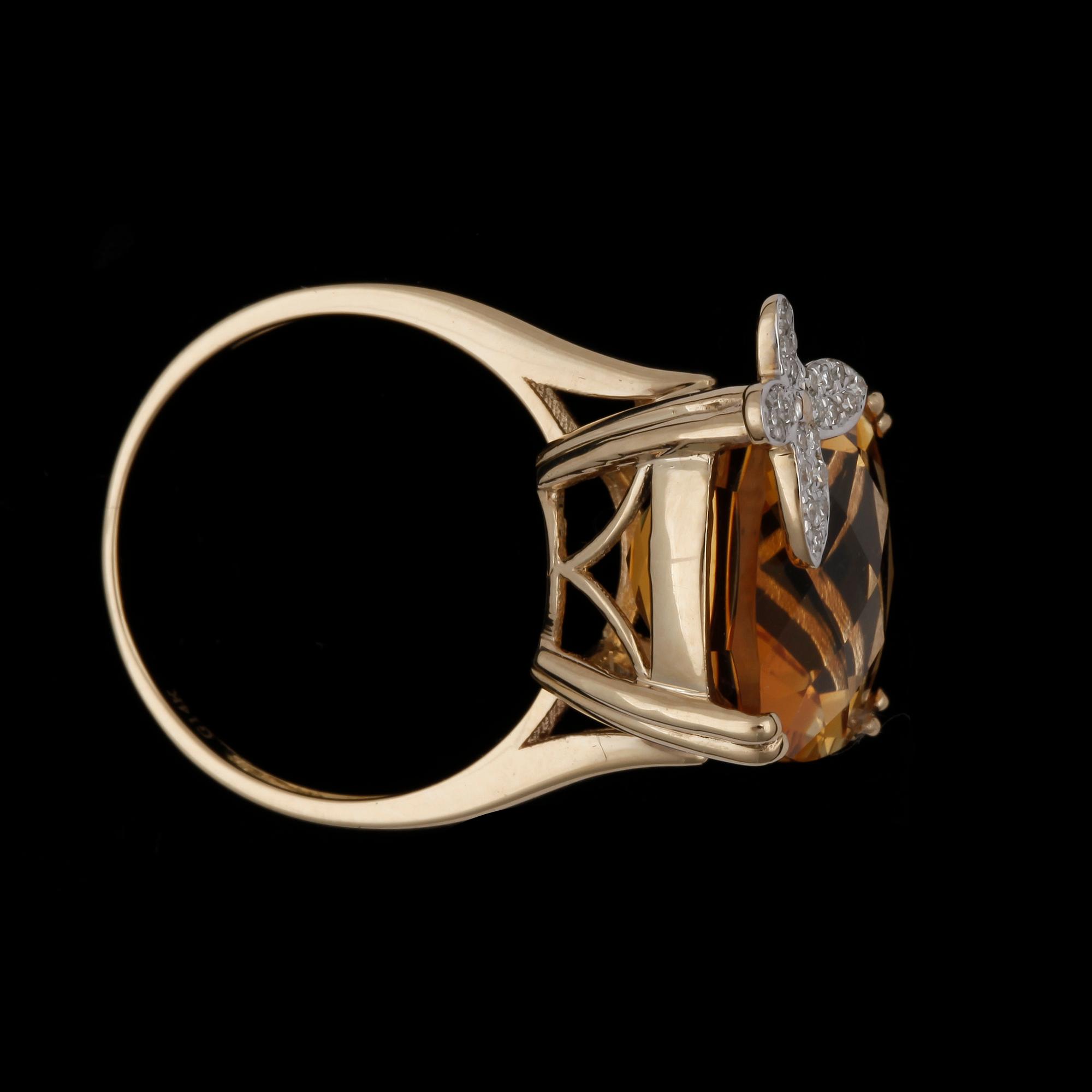 RING, guld 14k, citrin 13ct, briljanter. Tot ca 5 gram.