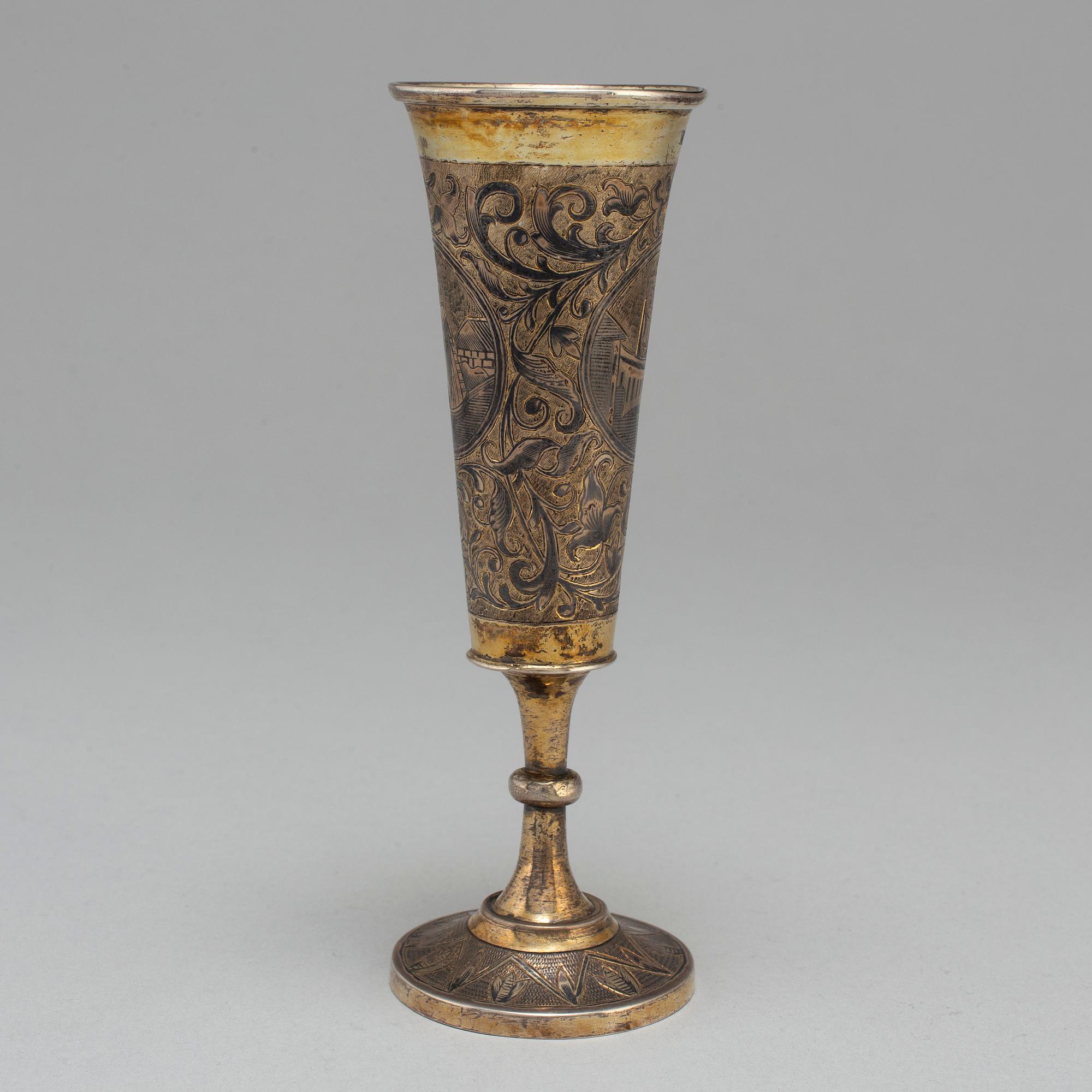 A Russian 19th century silver-gilt and niello champagne flute, unidentified makers mark, Moscow first half of 19th c.