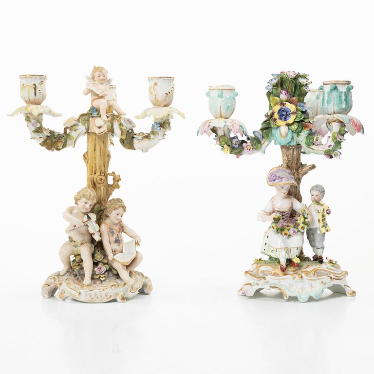 A pair of candelabra,  Meissen and Volkstedt, 19th–20th century.