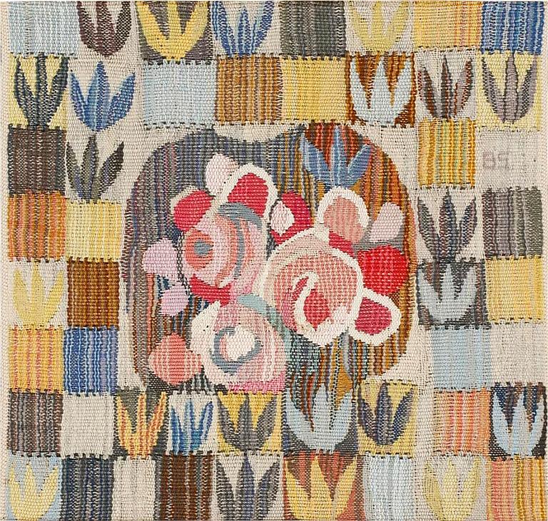 Barbro Sprinchorn, a textile, 'Buketten', tapestry weave, c 49.5 x 50.5 cm, signed BS.