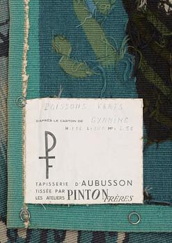 TAPESTRY. "Poissons verts" ("Green fish"). Tapestry weave (gobelängteknik). 106 x 139 cm. Signed GYNNING PF.