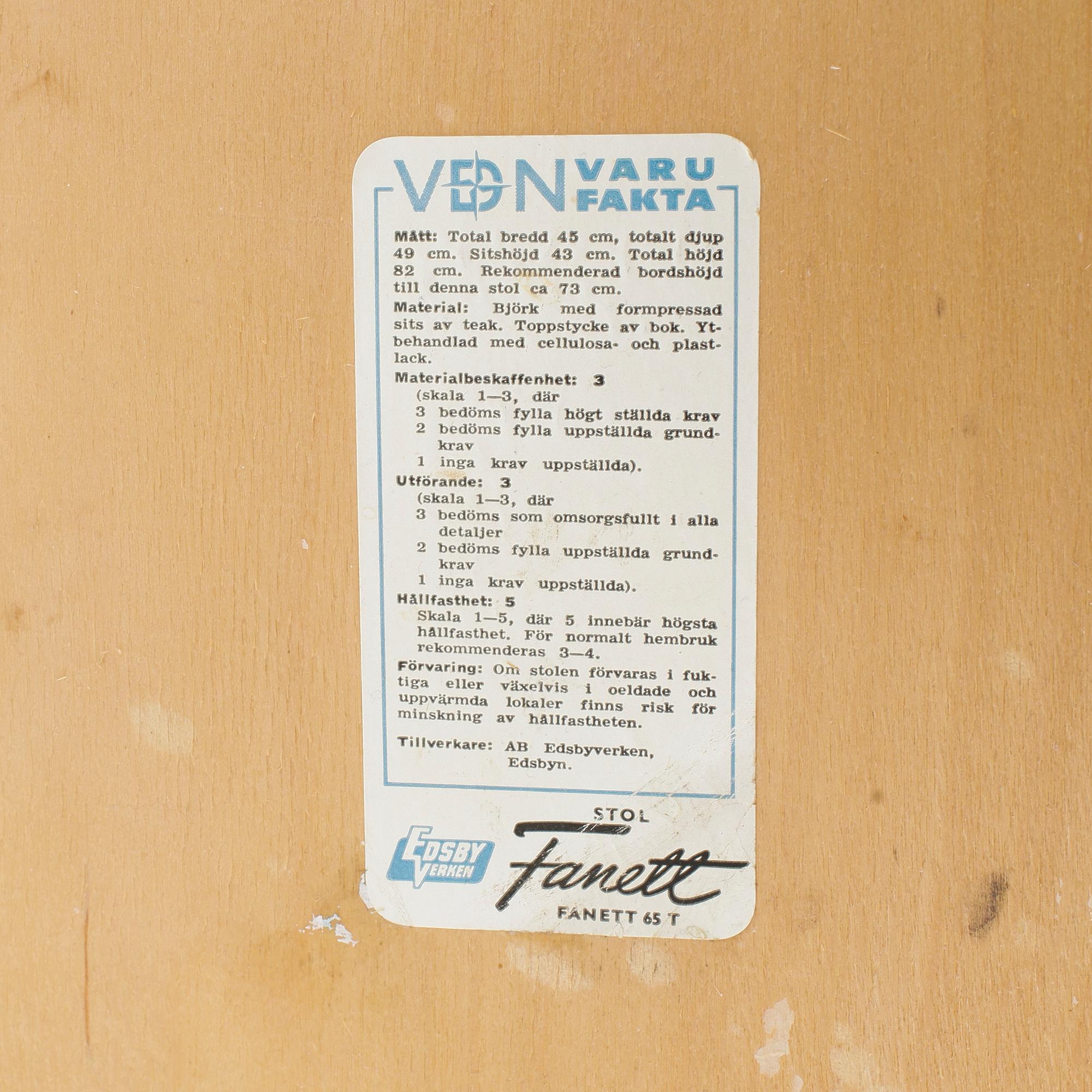 STOLAR, 4st, "Fanett", Ilmari Tapiovaara, Edsbyverken, formgiven 1955.