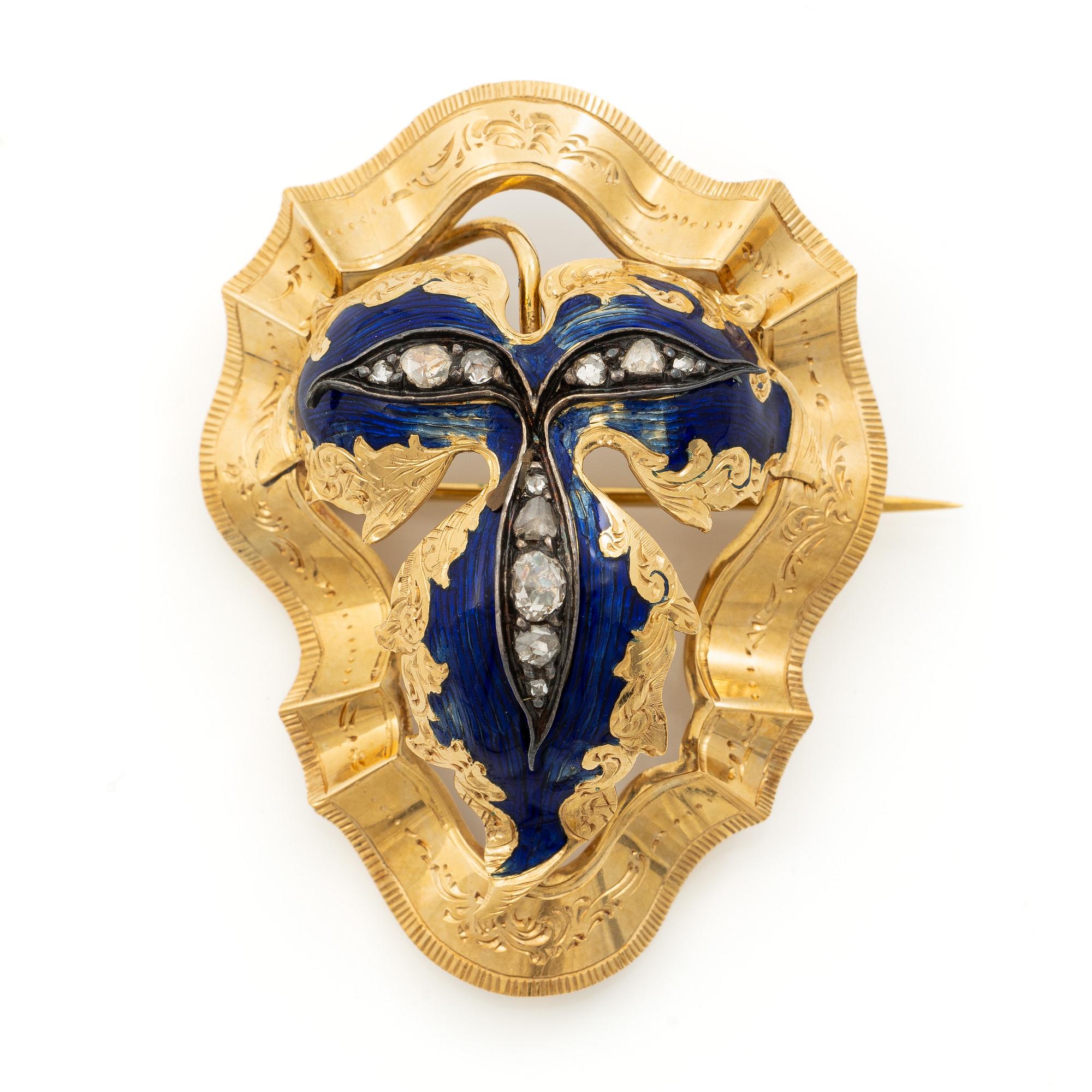 Brosch/hänge 18K guld och emalj och rosenslipade diamanter, 1800-tal.