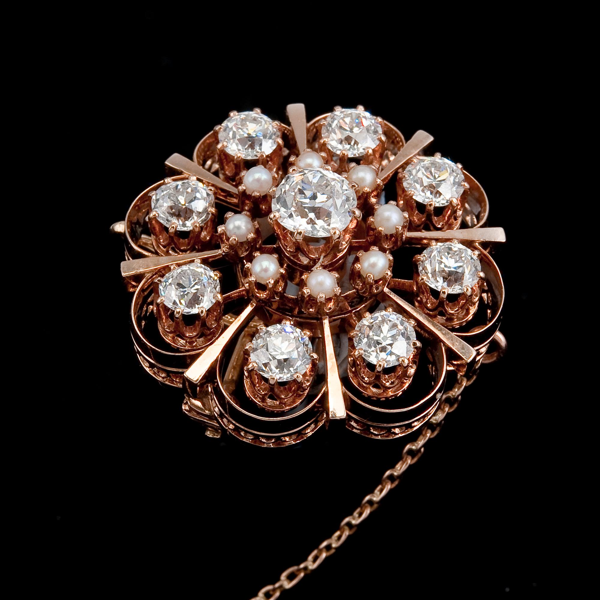 RINTANEULA,14K kultaa, 9 antiikkihiottua timanttia n. 2.60 ct, helmiä. Ranska 1900-luvun alku. Paino 12 g.