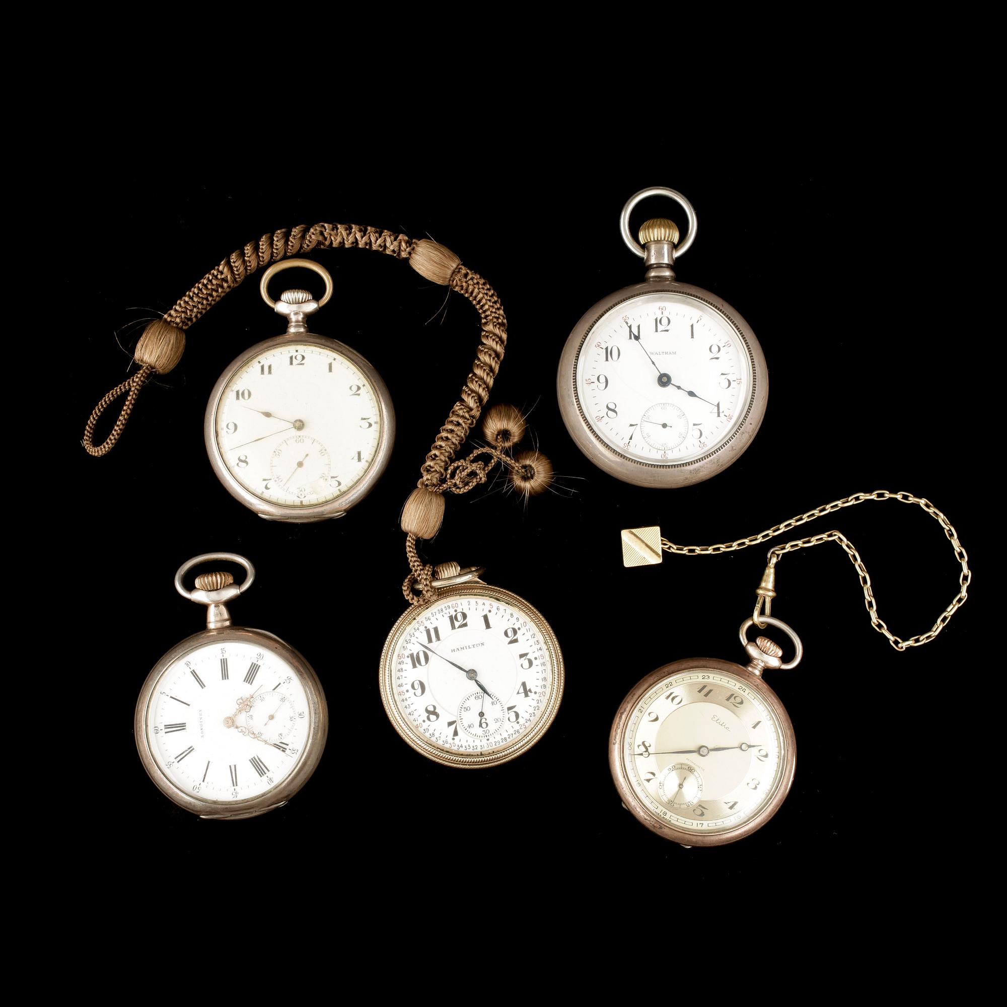 FICKUR, 5st, silver och doublé, bla sk railroad watches, Hamilton Watch Co och Waltham, omkring 1900.