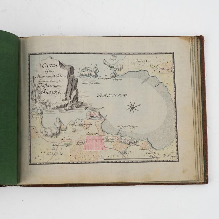 Album från 1746 med 22 akvareller över fästningar, gåva av Gabriel Cronstedt till tronföljaren Adolf Fredrik.