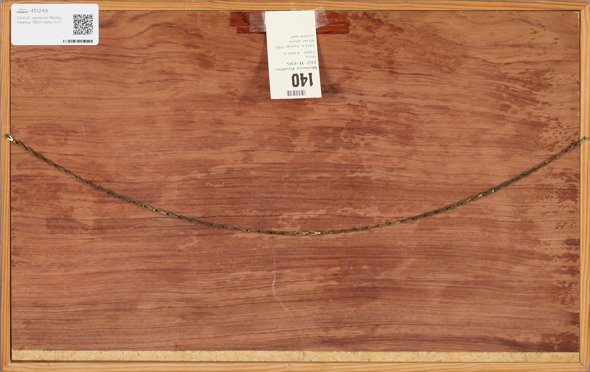 TAVLA, sannolikt Mjölby Intarsia, 1900-talets mitt.