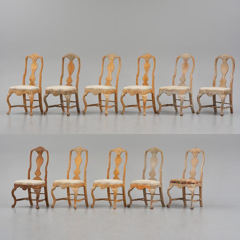 An assembled suite of eleven Swedish rococo chairs, later part 18th century.