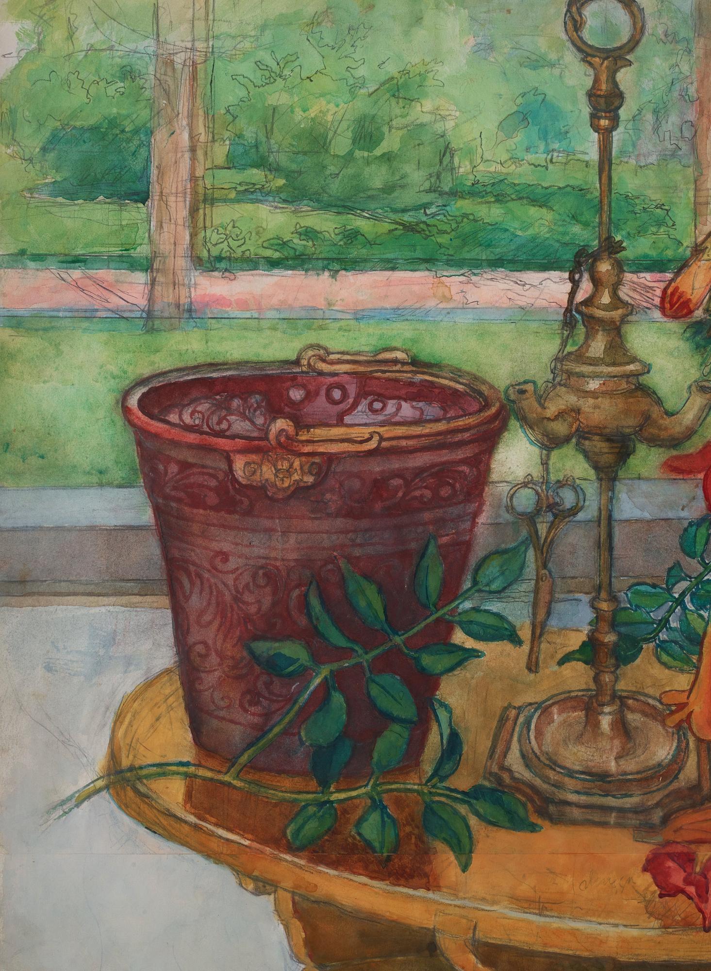 Hilding Linnqvist, "Trumpetblommor på terassbord".