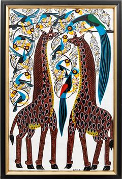 Ahmed Said, lacquer on canvas Tingatinga painting, signed.