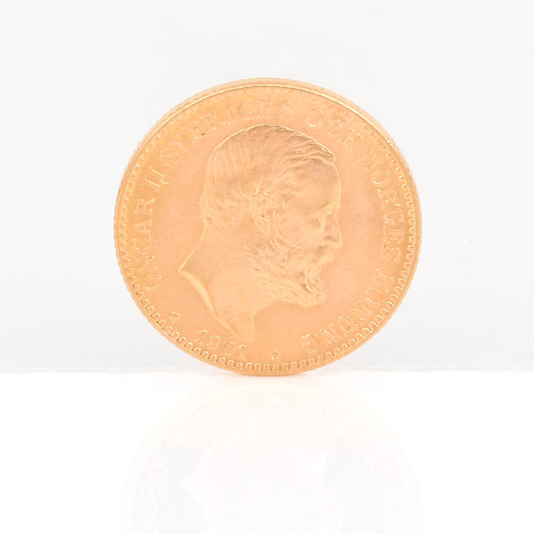 GULDMYNT, 10 kronor, Oscar II av Sverige och Norge 1901. Vikt ca 4,5 gram.