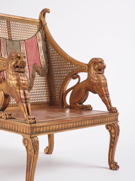 Helge Werner, a pair of gilt and carved Swedish Grace armchairs, ca 1920-30s.