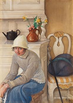 Carl Larsson, Girl with ice skates, interior from the school household, Falun.