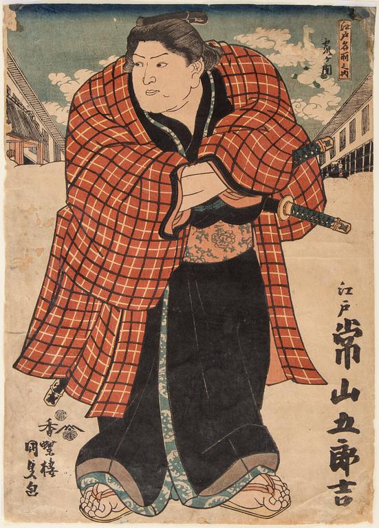 UTAGAWA KUNISADA, även kallad Toyokuni III (1786-1864). färgträsnitt. Japan, 1843. "Tsunenoyama Gorokichi".