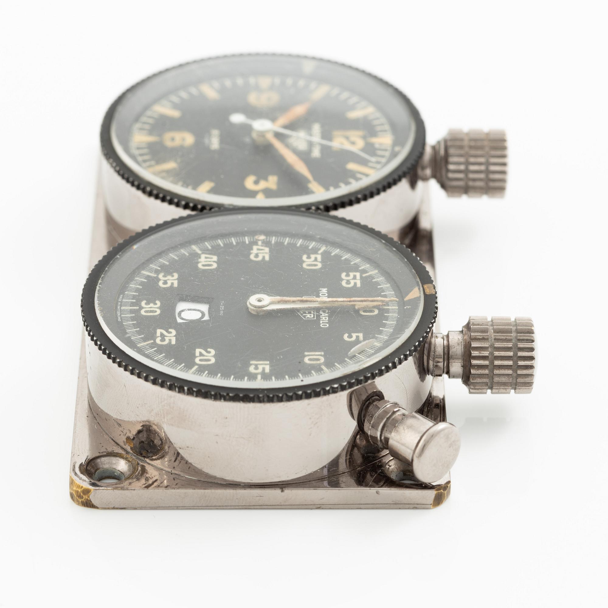 Heuer, Master-Time 8-Days and Monte-Carlo stopwatch, 6 x 11 cm.