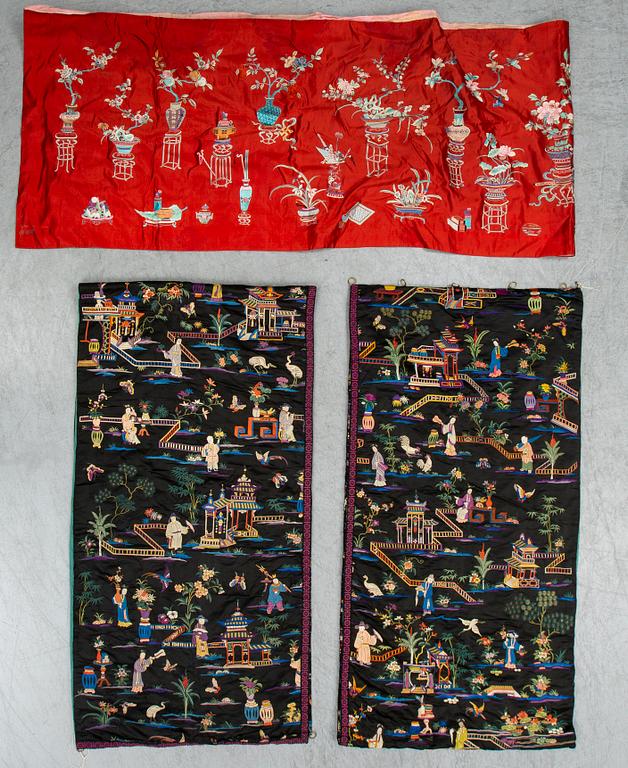 Three Chinese textiles, silk and cotton, 20th century.
