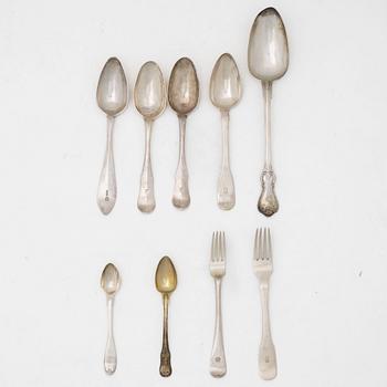 Nine pieces of Swedish silver cutlery, including a fork with mark of Bengt Biörn, Västerås 1753.