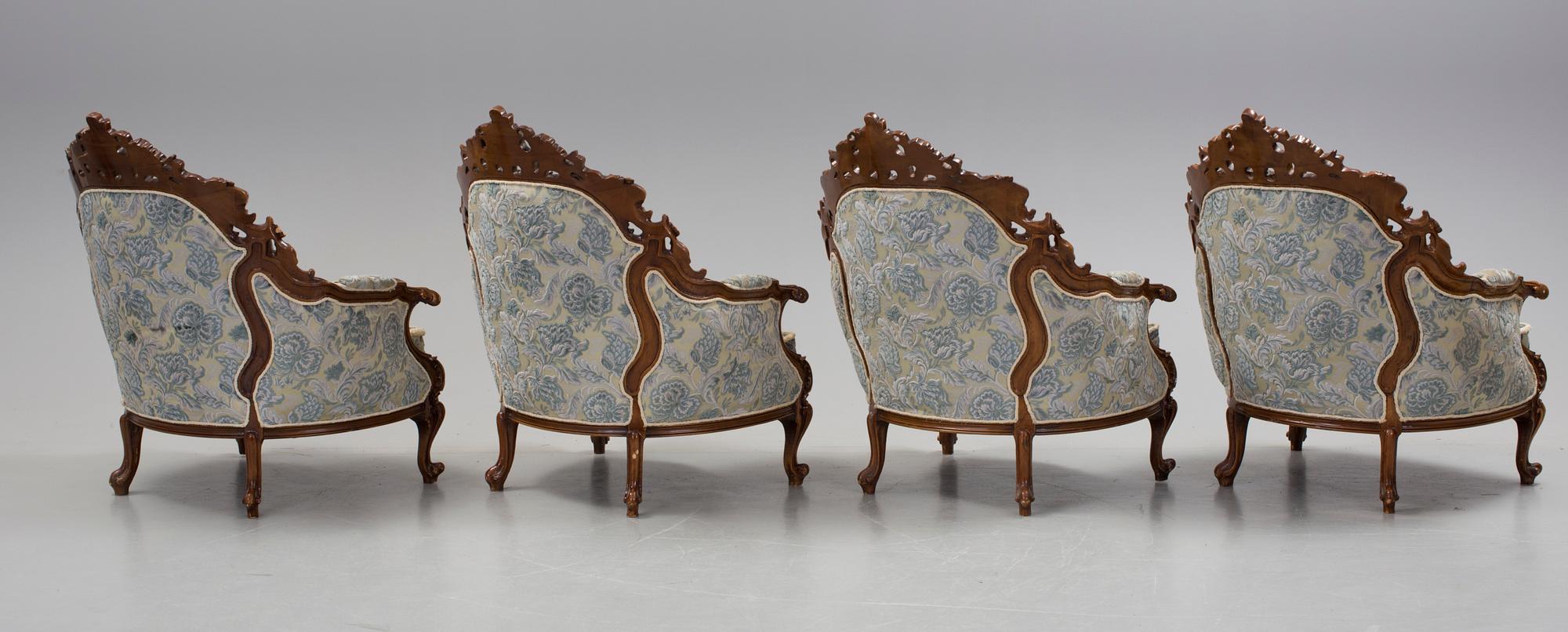 FÅTÖLJER, 4 st, nyrokoko-stil, omkring sekelskiftet 1900/2000.
