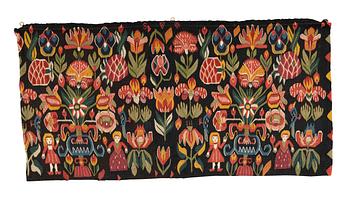 223. A carriage cushion, "Urnor och par", tapestry weave, ca 96 x 48,5 cm, Scania (Sweden), 19th century.