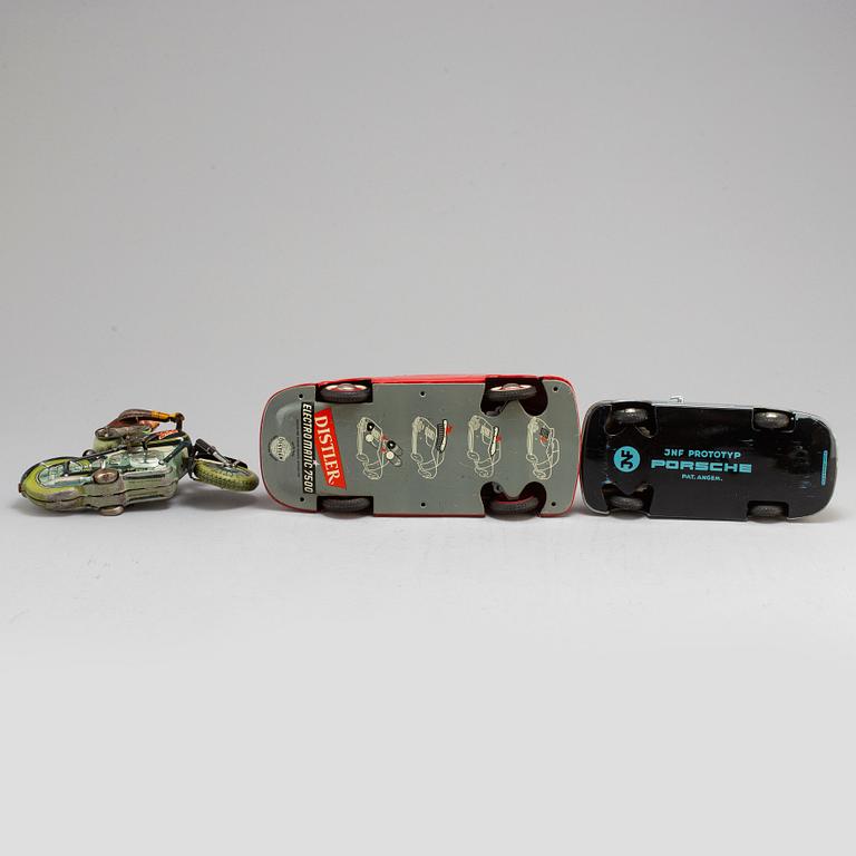 2 TOY CARS and 1 MC. Distler Porsche, JNF Prototype Porche, Arnold MC, mid 20th century.