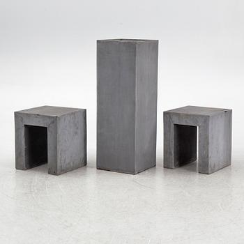 Garden bench, stools, and tall planter, contemporary manufacture.