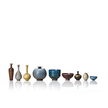 56. Berndt Friberg, a set of three stoneware miniature bowls and six vases,, Gustavsberg studio, Sweden 1950-60's.