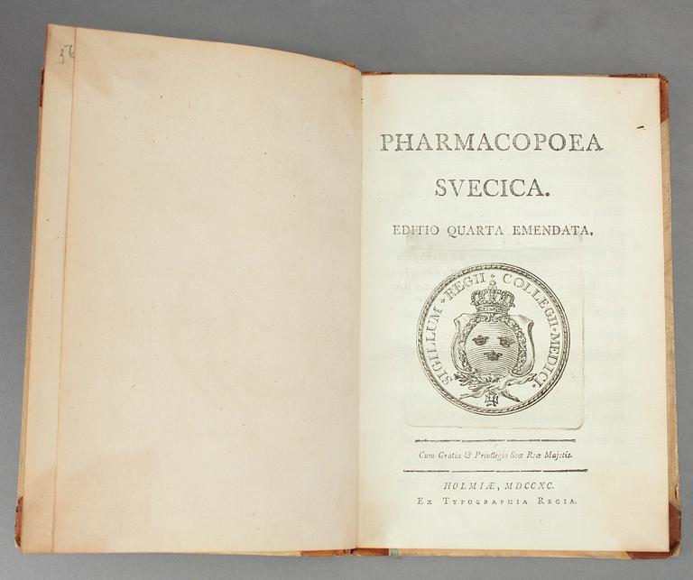 PHARMACOPOEA SVECIA, 2 st, editio altera emendata resp editio quarta emendata, Stockholm 1779 resp 1790.