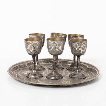 Six silver cups and tray, silver, Iran, 20th century.