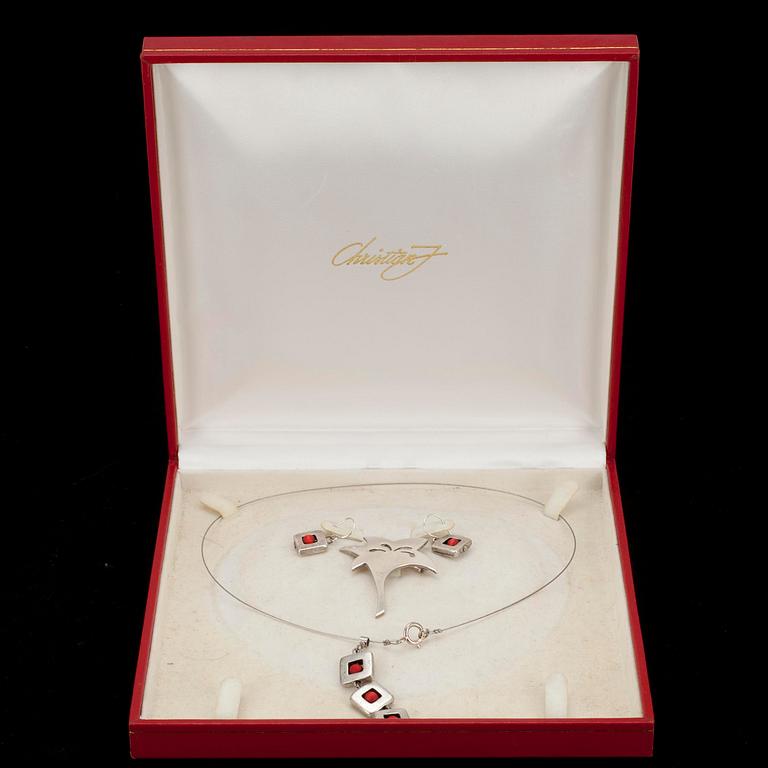 SMYCKESSET, 2 delar samt BROSCH, silver, metall och trä, Aarikka Finland 1990-tal.