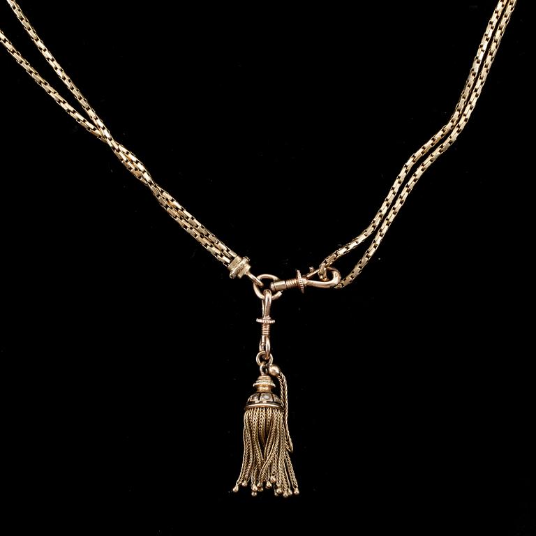 DAMKLOCKKEDJA, 18k guld, sannolikt Frankrike, 1800-tal. Vikt 36g.