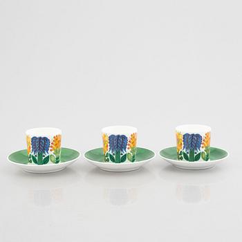 Stig Lindberg, three coffee cups with saucers and a bowl, bonechina, "Tahiti", Gustavsberg, 1970-73.