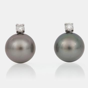 A pair of cultured Tahiti pearl, Ø 16 mm, and brilliant-cut diamond earrings.