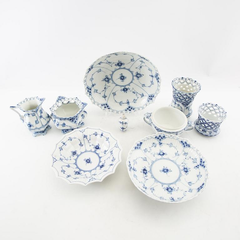 Service pieces 9 pcs "Musselmalet" mostly full lace Royal Copenhagen Denmark 20th century porcelain.