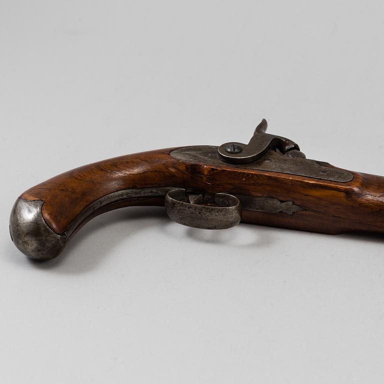 One flint lock postol, late 18th ct, and one percussion pistol, 19th ct.