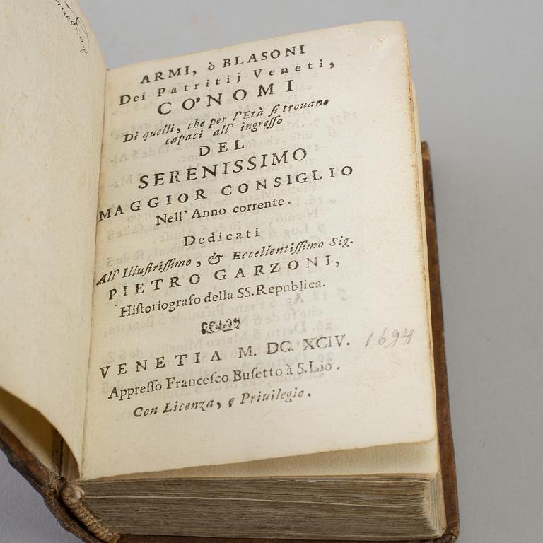 A book, A catalogue of the Noble families of Venice, 1694.