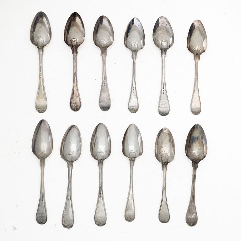 Tablespoons, 12 similar, silver, “French Lily”/“Old French”, 19th century, including Bror Erik Skogsborg, Eskilstuna, 1859.