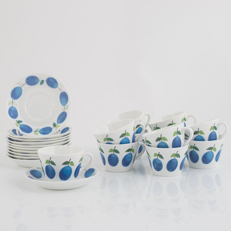Stig Lindberg, elevens bone chian coffee cups with saucers, "Prunus", Gustavsberg, Sweden.