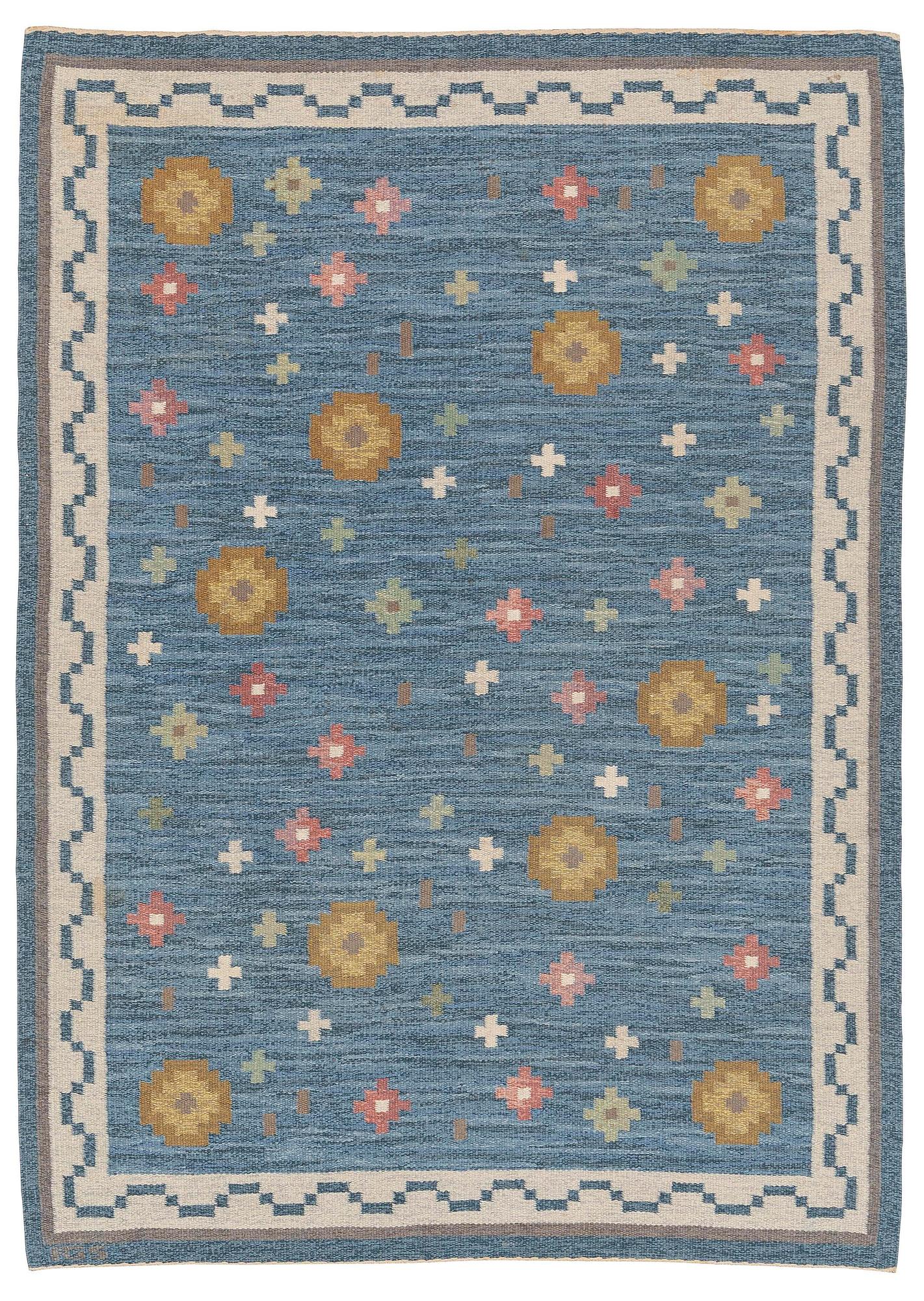 Anna-Greta Sjöqvist, a 'Blomsteräng' carpet, flat weave, c. 240 x 170 cm, signed AGS.