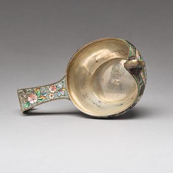 A Russian 20th century silver-gilt and enameled kovsh, mark of the 11th Artel, Moscow 1908-1917.