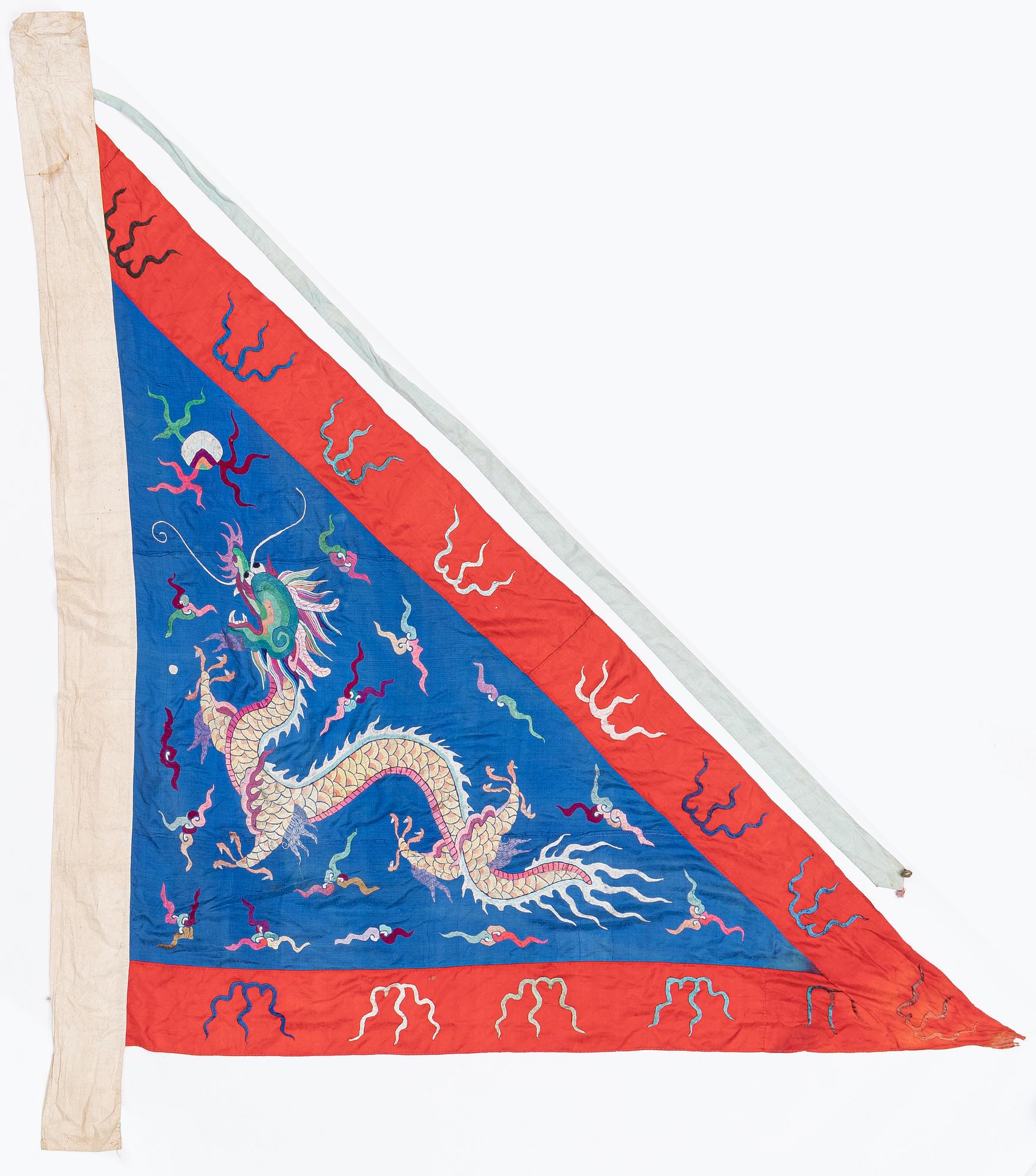 A Chinese embroidered triangular silk banner, late Qing dynasty/possibly early 20th century.