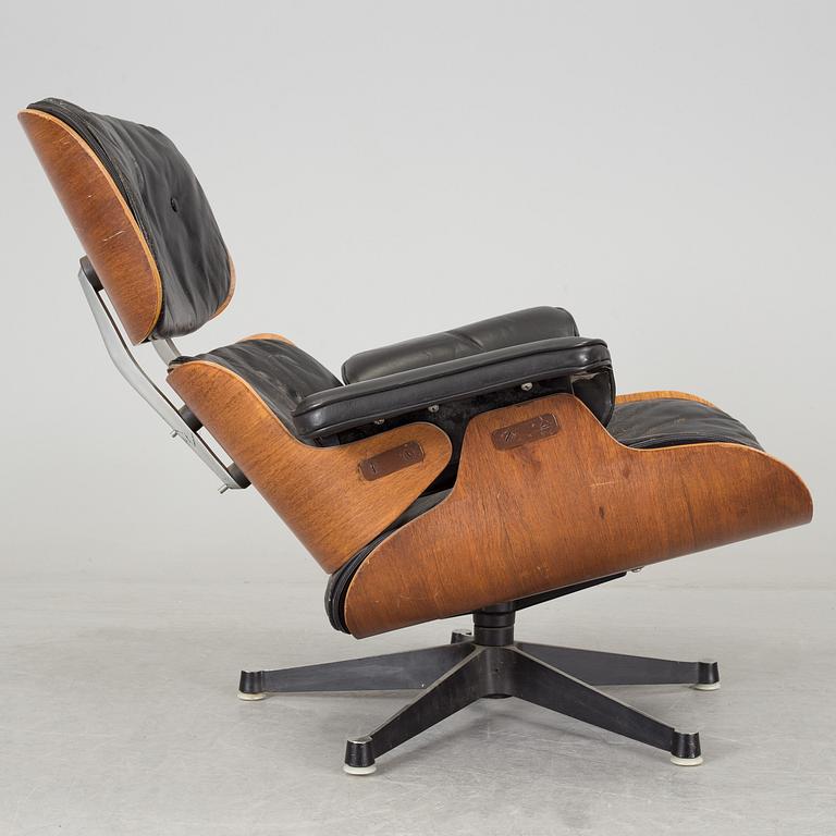 An easy chair and ottoman by Charles & Ray Eames, Herman Miller, USA, produced with licence by Hille, London.