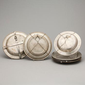 TALLRIKAR, 6 st tenn, bland annat Sven Ekström, Norrköping, 1845.