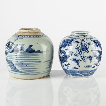 Two blue and white urns and a Canton box with cover, China, 19th century.