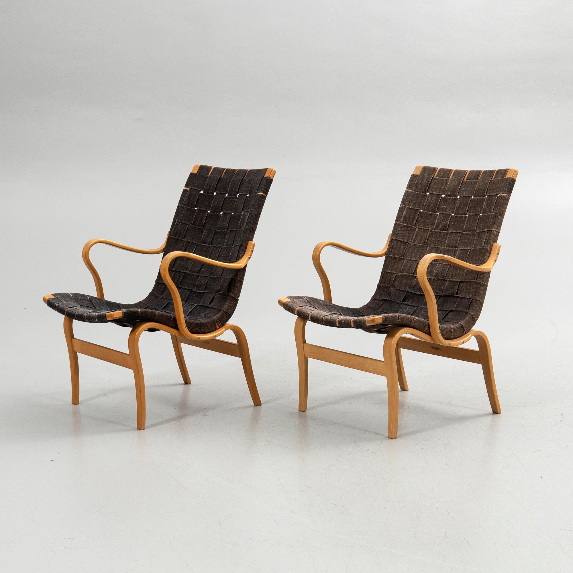 Bruno Mathsson, armchairs, a pair, "Eva", Bruno Mathsson International, Värnamo, second half of the 20th century.