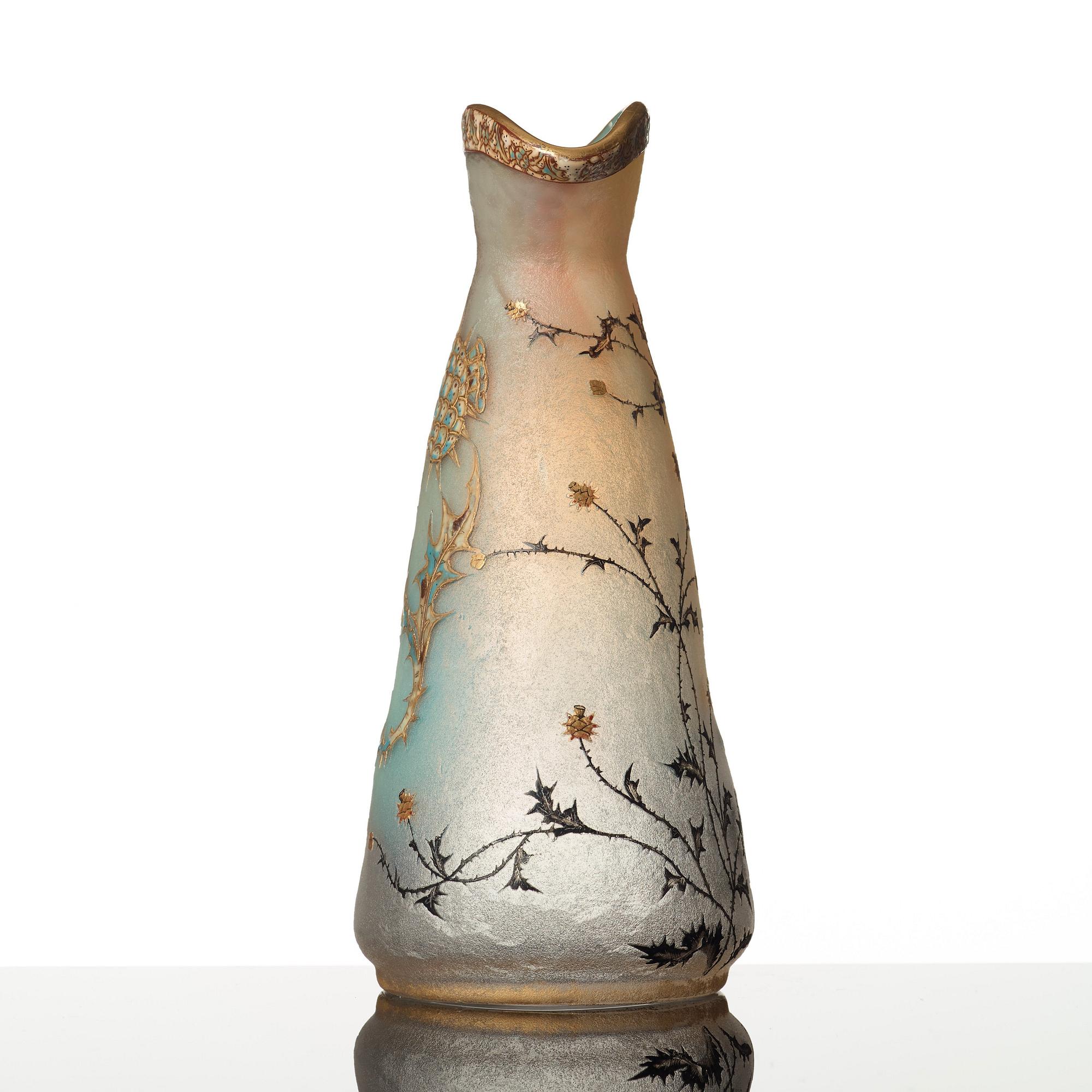 Daum, an opalescent etched and enamel painted glass vase, Nancy, France, 1890's.
